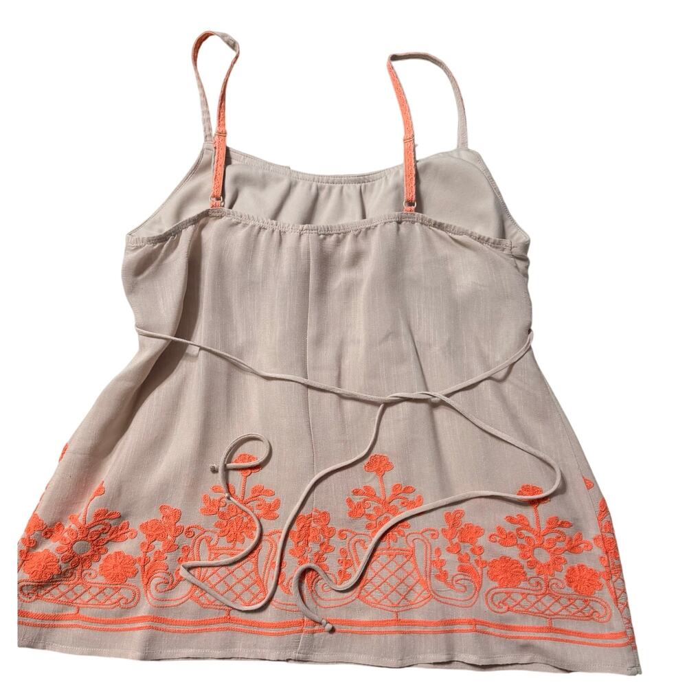 Anthropologie Boho Taupe Babydoll Top Size XL Smocked Waist Coral Embroidery Y2K - Picture 2 of 8